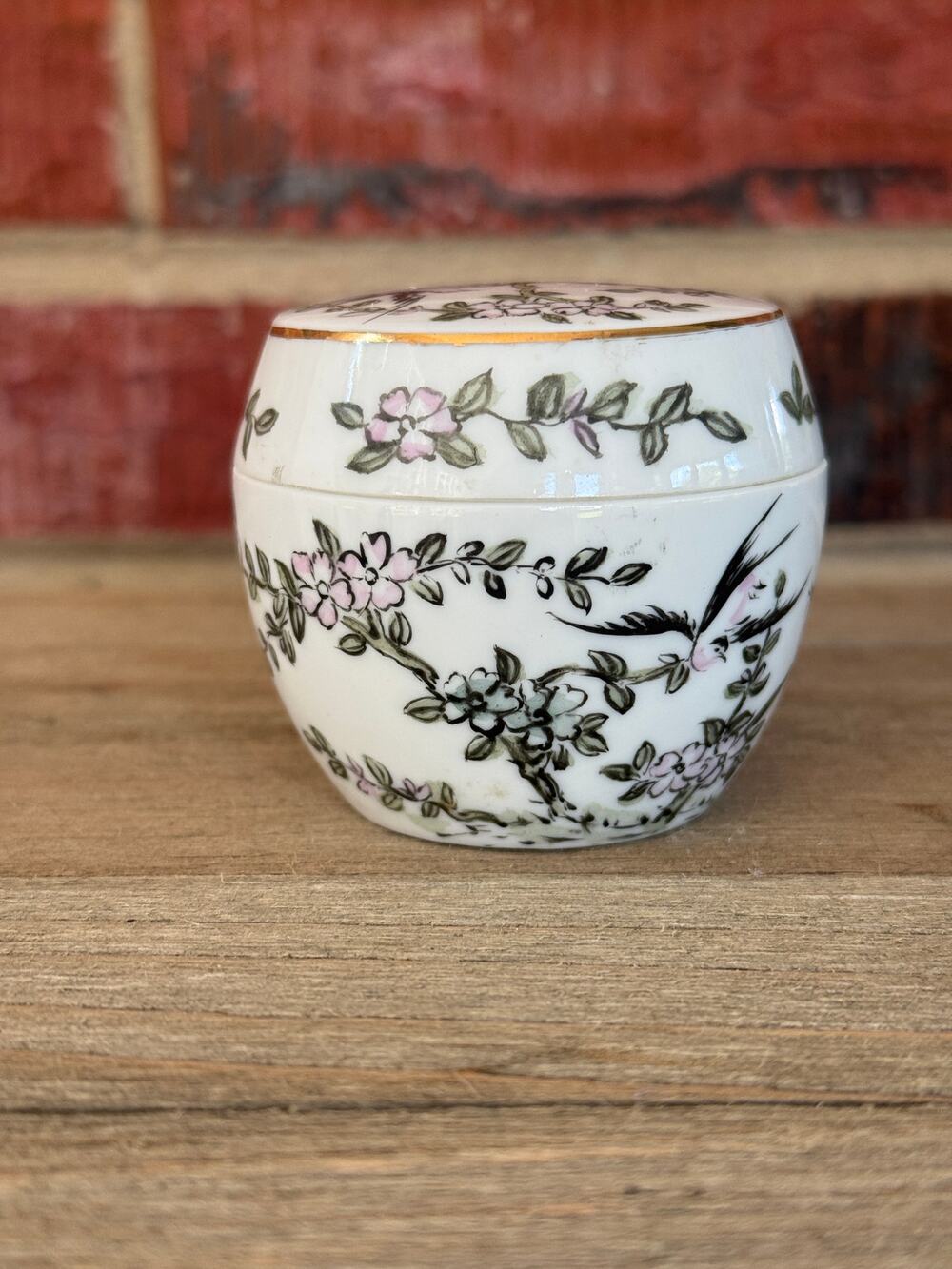 Vintage Chinese Porcelain Bird Floral Trinket Box Qianlong Style Mark
